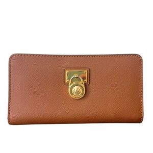 Michael Kors Hamilton lock genuine leather brown neutral zip wallet women’s